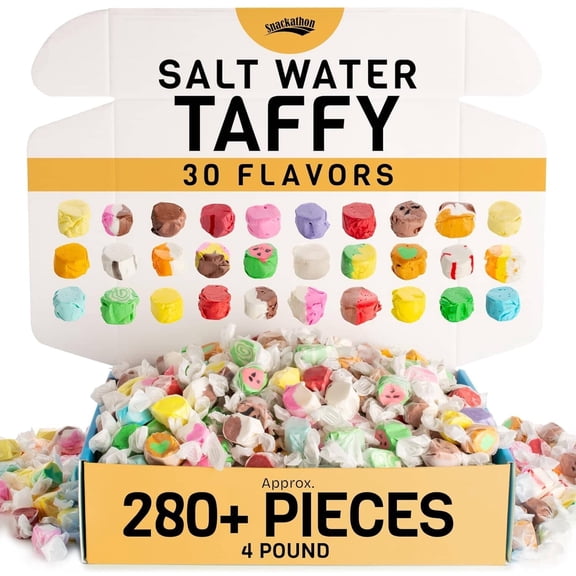 Snackathon Salt Water Taffy Assorted Mix – Epic 30-Flavor Variety, Bulk 4 LB Party Size, Soft & Chewy Gourmet Candy, Approx. 280 Individually Wrapped Pieces