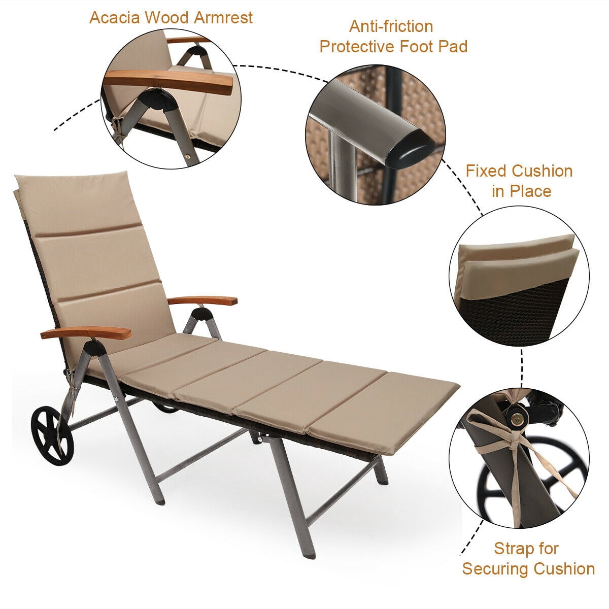Gymax Fashion Folding Patio Rattan Lounge Chair Chaise Cushioned Aluminum Adjust Wheel