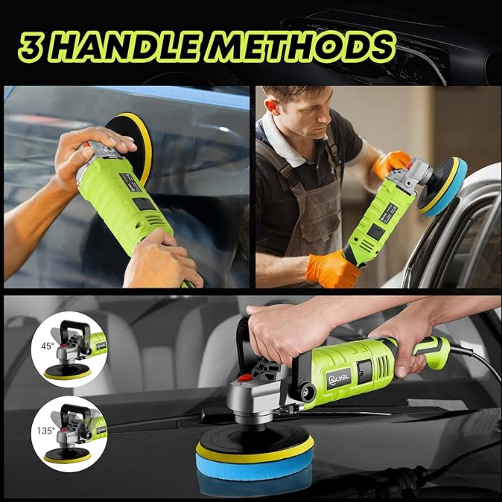 Gewna Car Buffer Polisher, 1600W 7 inch/6 inch Rotary Buffer Polisher with 7 Variable Speed 1000-3500 Rpm GREEN