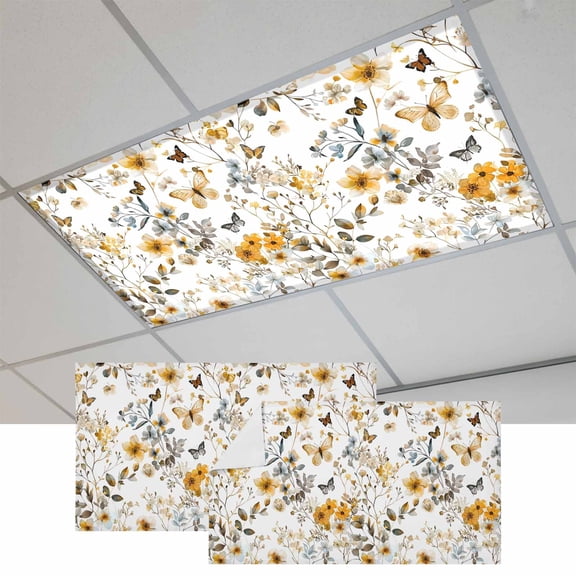 2 Pcs Vintage Yellow Fluorescent Light Covers Flowers Leaves Butterflies Pastoral Botanical Magnetic Light Covers for Ceiling Lights 4 x 2 ft Drop Ceiling Lights Cover Shade for Office, Home