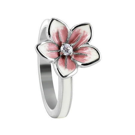 Gemstone Sterling Silver Flower Ring - Gem Avenue 925 Sterling Silver White and Pink Enamel Flower with Clear Cubic Zirconia Ring