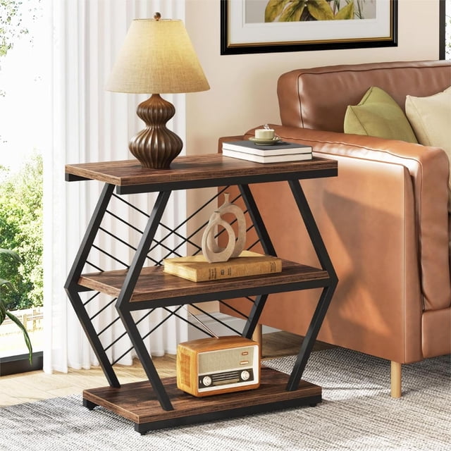 Tribesigns End Table, Industrial Side Table with 3 Storage Shelves, Wood Sofa Side Table