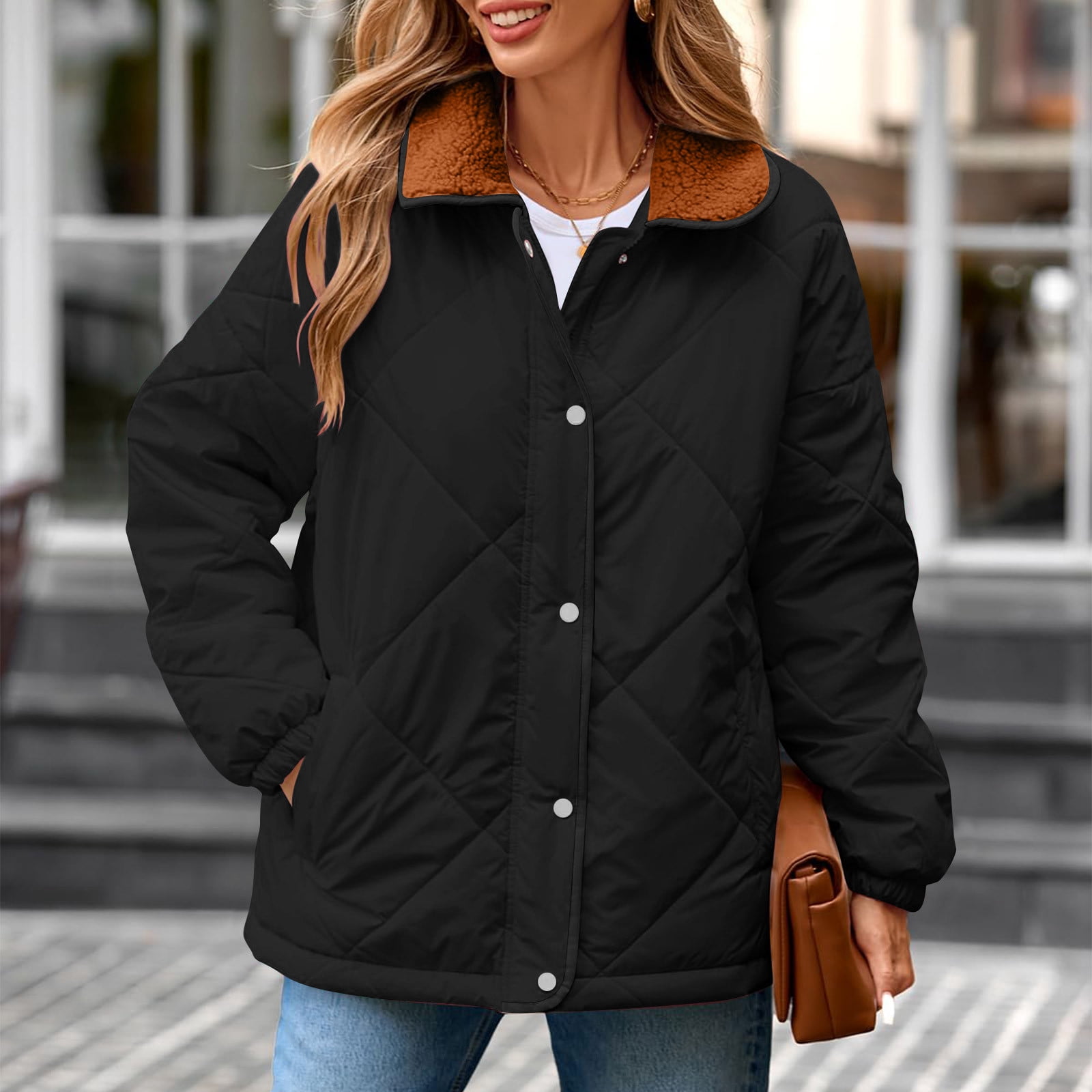 Nfurl Quilted Jackets for Women Zip up Barn Jackets Long Sleeve Winter Outerwear Coats Black XXL