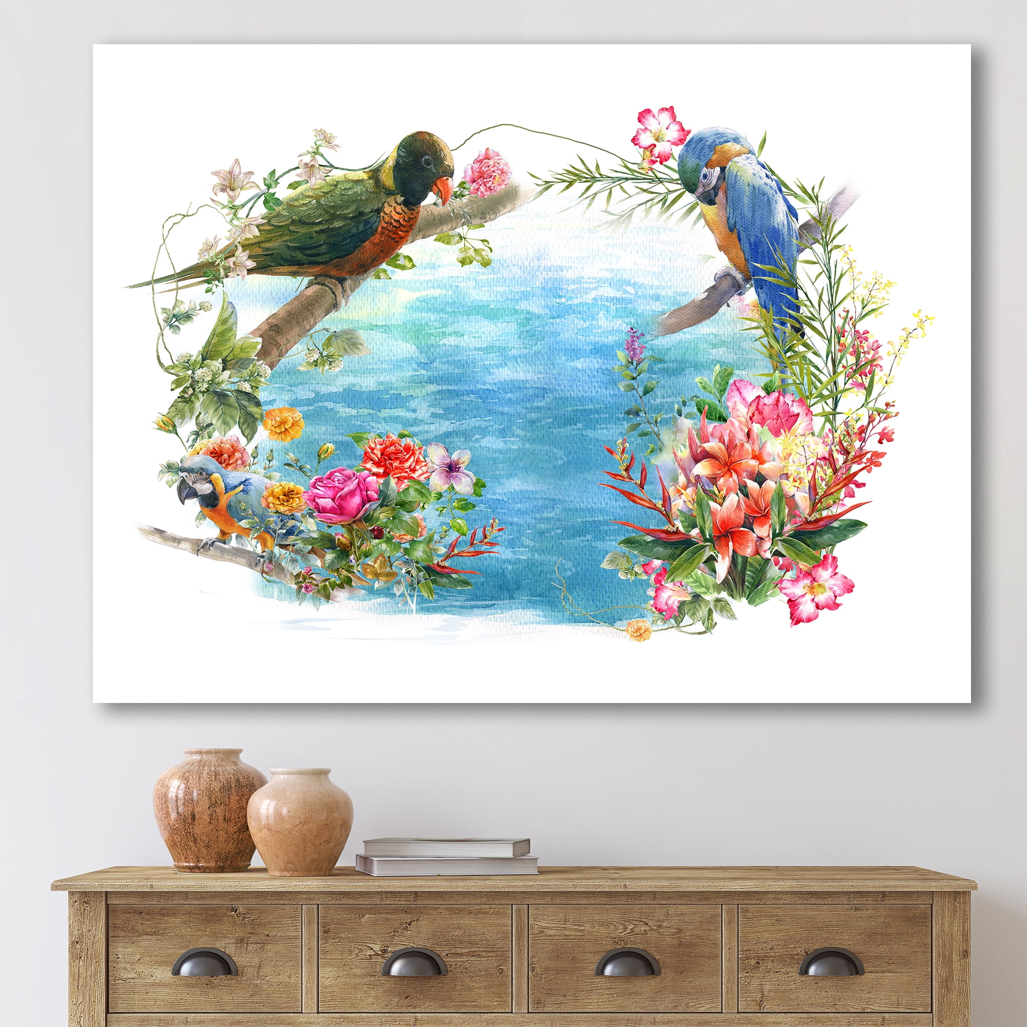Parrots and Flowers By The Blue Waterside 12 in x 8 in Painting Canvas Art Print, by Designart