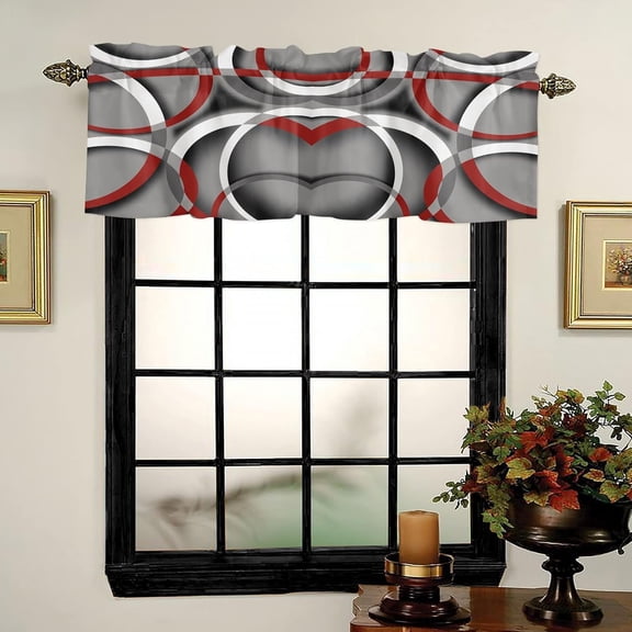 Kitchen Window Valances, Modern Gray Red Rod Pocket Valance Small Window Treatment for Bedroom, Abstract Geometric Curve Valances for Windows Tier Curtain,1 Panel, 54x18inch