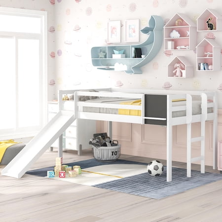 Twin size Loft Bed with Slide and Stair  Solid Wood Bed with Chalkboard and Guardrails  Space-saving Loft Bed for Boys  Girls  Teens and Adults  White