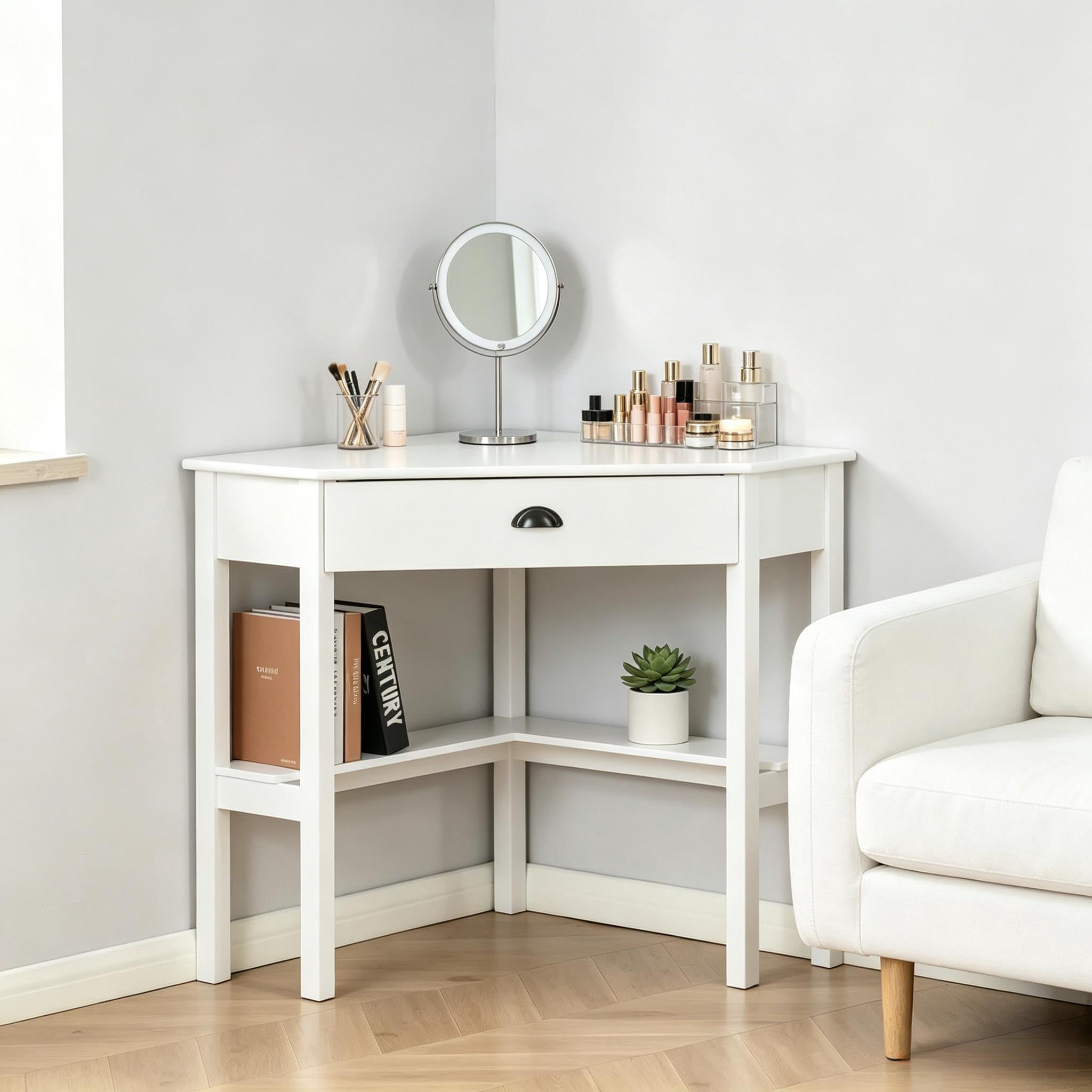 Triangle Corner Vanity Desk, P2 MDF Space Saving Dressing Table with Drawer & Open Storage Shelves, Multi-Functional Corner Computer Writing Table for Bedroom Living Room Apartment
