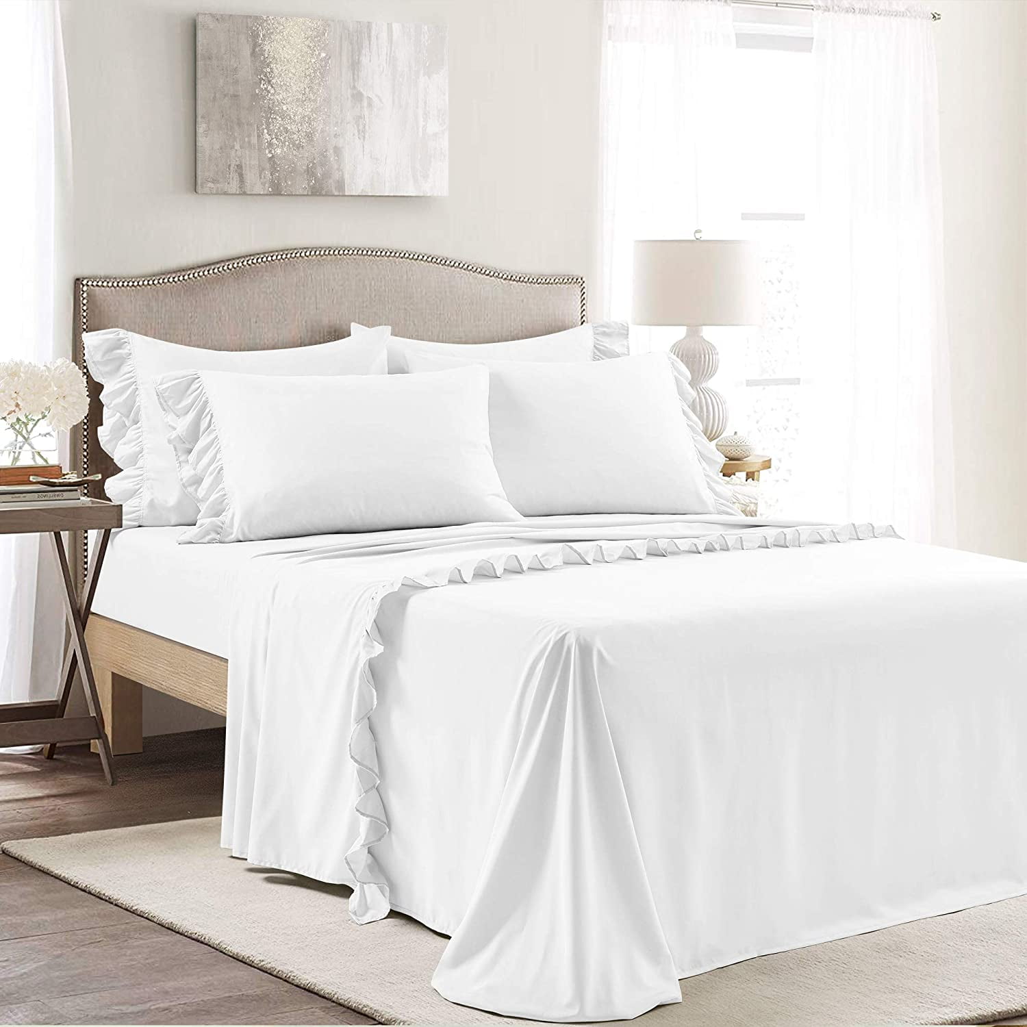 Ruffle Bed Sheet Set 6 Piece - 16 Inch Deep Pocket - 100% Pure Bamboo Bed Sheet Set - Anti Static Feels Like Silk - Super Comfy, Extra Soft and Luxury - White Solid, Twin Size.