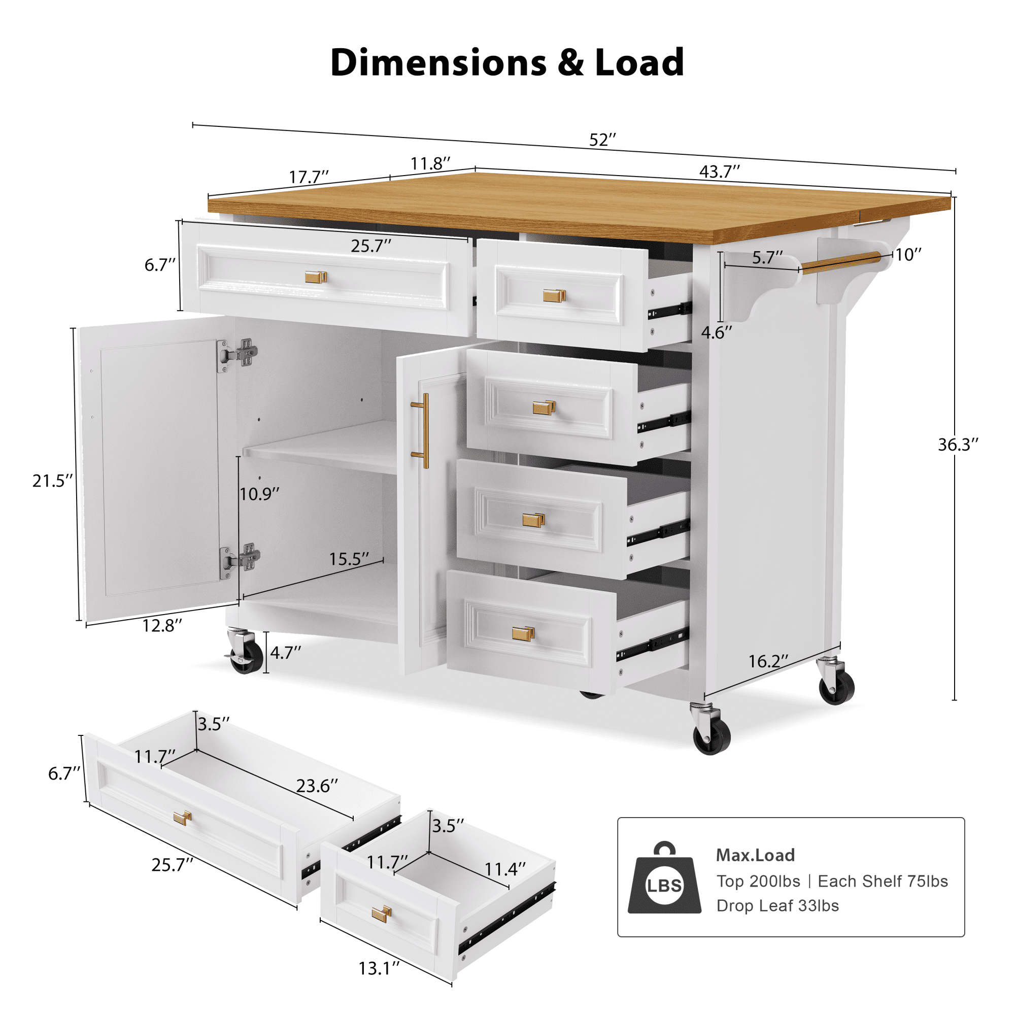 Homy Casa 52" Rolling Kitchen Island Cart with Drop Leaf, Storage Cabinet, 5 Drawers and Towel Bar, White