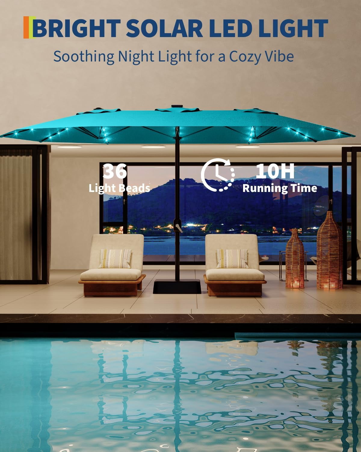 15ft Patio Umbrella with Solar Lights, Outdoor Large Umbrellas with Crank Handle and 36 LED Lights, Rectangular Market Umbrella with Base Included for Deck Pool Shade