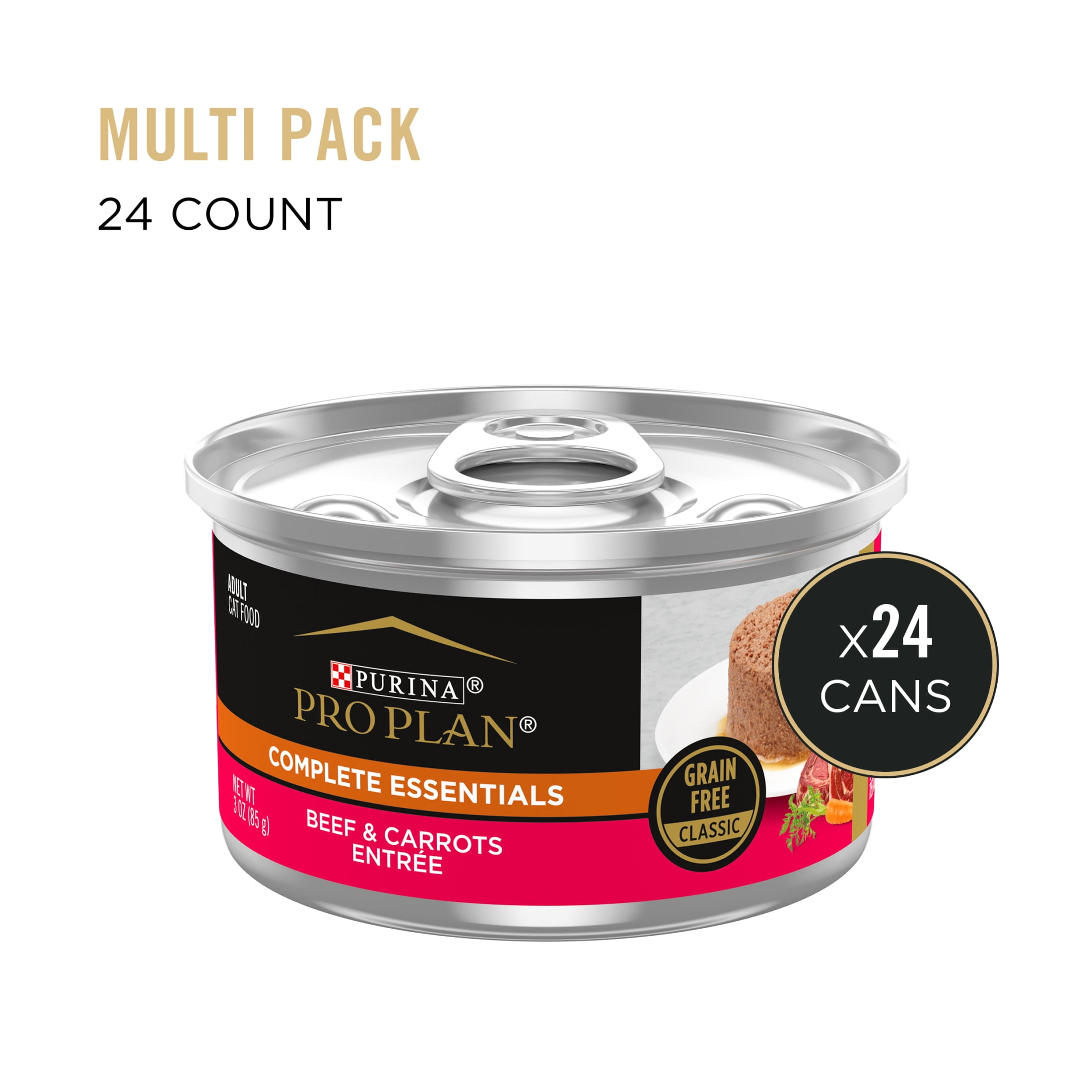 (2 pack) Purina Pro Plan Complete Essentials, Grian Free Beef, Wet Cat Food,3 oz Cans, 24 Pack