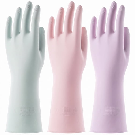 3 Pairs Reusable Dishwashing Gloves Small, Flock-Lined Latex Cleaning Gloves with Non-Slip Grip for Kitchen, Bathroom, Dishes (Pink/Green/Purple)