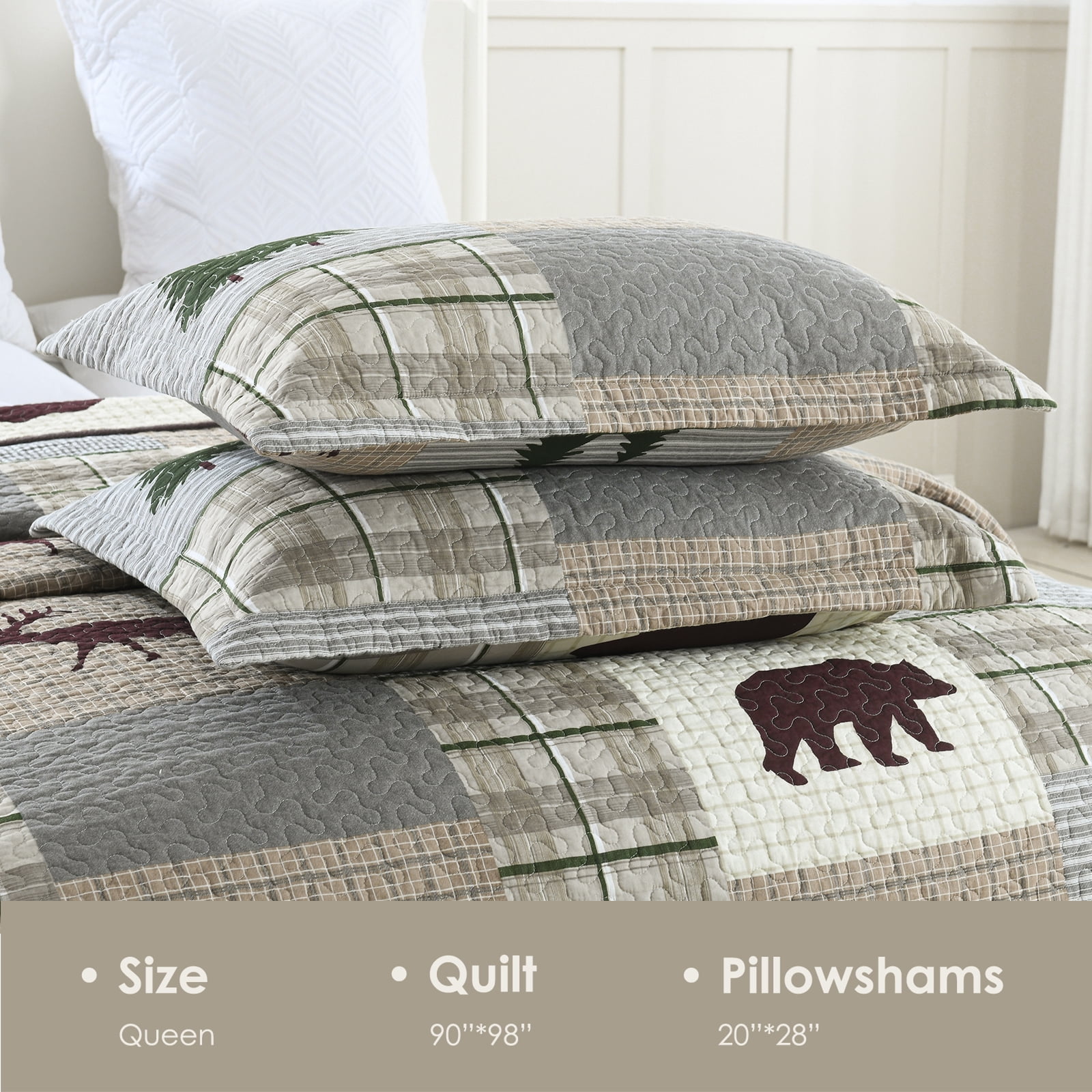 Bedduvit Cotton Quilt for Queen Bed - 100% Cotton Rustic Lightweight Queen Quilt, Brown Gray Patchwork Plaid Quilt Bedspread, Bear & Deer & Tree Farmhouse 3-Piece Quilt Comforter Set, 98x90