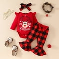 thumbnail image 3 of Hotiary Newborn Infant Girls 3Pcs Christmas Clothes Toddler Baby Ruffle Long Sleeve Deer Letter Print Romper + Bowknot Plaid Flared Pants + Headband Outfits for 0-18 Months, 3 of 8