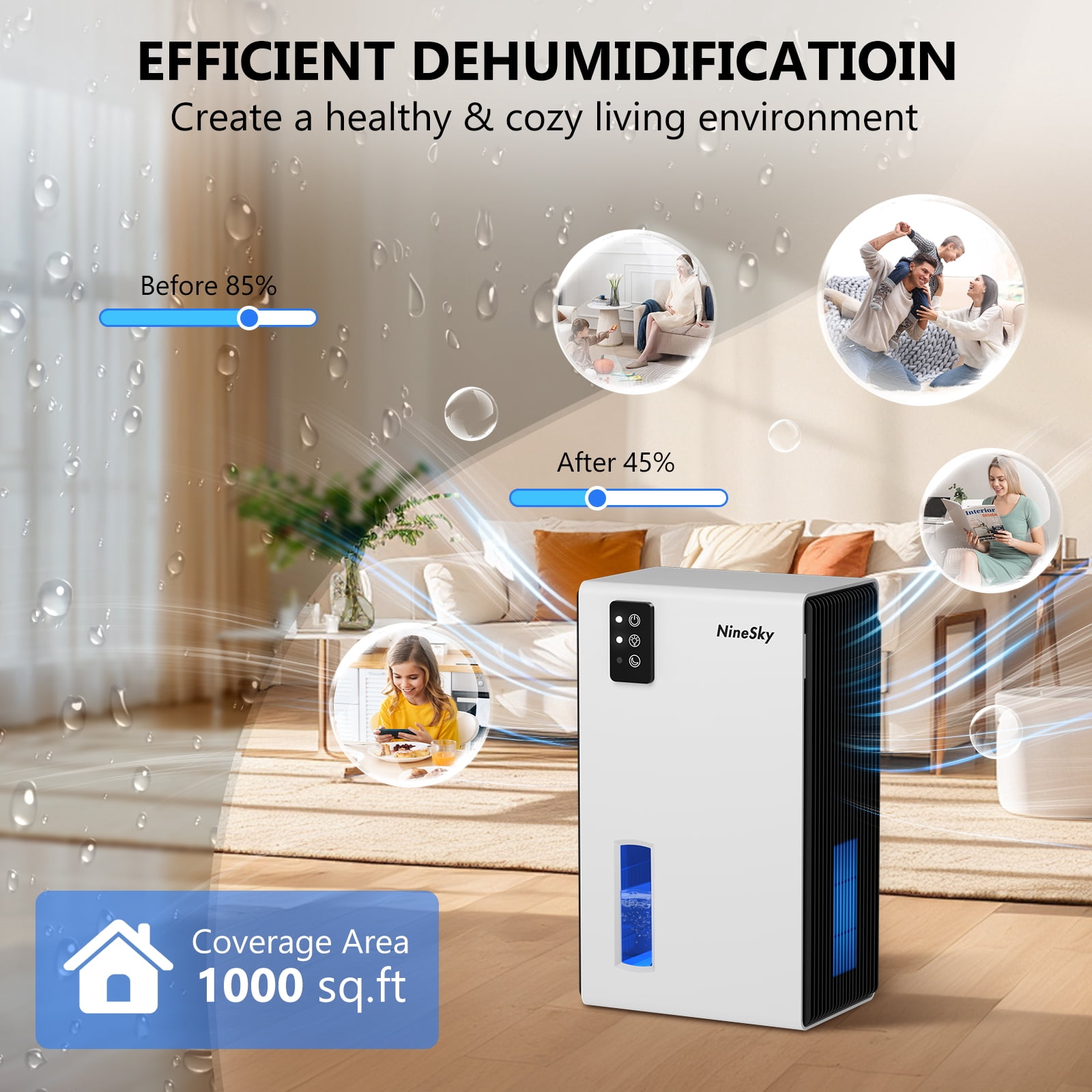 Aumpkin Dehumidifier for Home, 95 OZ Water Tank, (1000 sq.ft) Dehumidifiers for Bathroom Bedroom Basement with Auto Shut Off,7 Colors LED Light (White)