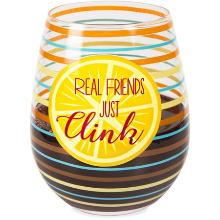 Striped Glassware Pavilion - Real Friends Just Clink - 17 oz Crystal Stemless Wine Glass with Orange & Blue Stripes Wedge Design ()
