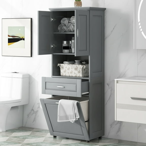 Harper & Bright Designs Tall Bathroom Storage Cabinet with Doors and Drawers, Modern Freestanding Cabinet with Laundry Basket for Bathroom, Gray