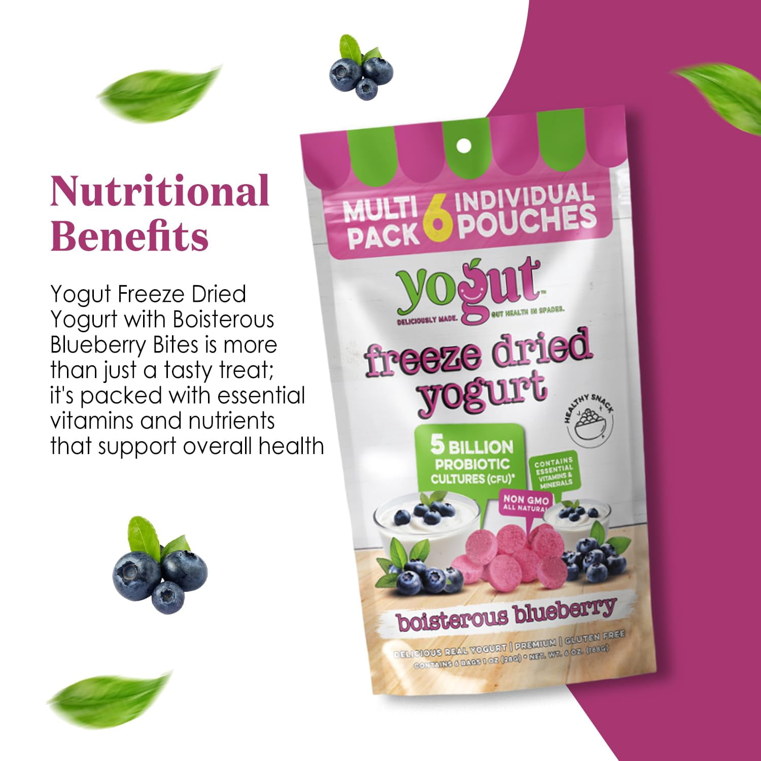 YoGut Freeze-Dried Blueberry Yogurt Smoothie & Melts Snack, 6Pk, Healthy Snacks for Kids, Toddlers & Adults, Gluten-Free, Non-GMO, with 5 Billion Probiotic Cultures, Vitamins & Minerals, Individual S