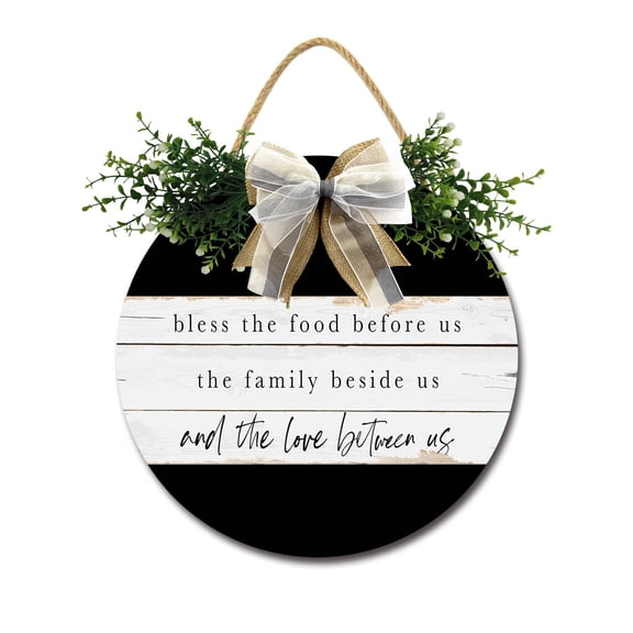 Bless The Food Before Us Sign Farmhouse Wood Sign Front Porch Decor Rustic Wooden Sign Wall Decor Hanging Wooden Decorations with Bow-Knot for Home Porch Wall Door, 11 x 11 inch