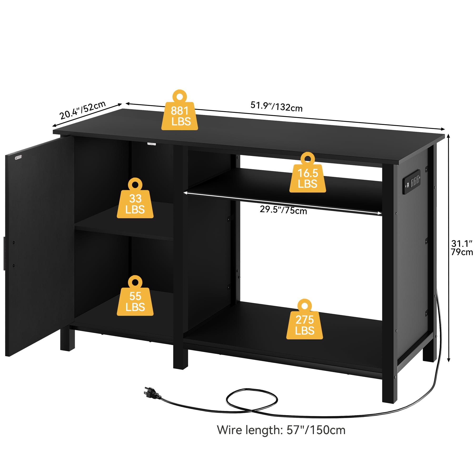Uforic Fish Tank Stand with Electrical Sockets, Cabinet for 55-75 Gallon Aquarium, RGB Lighting Strip Ideal for Turtle Enclosure, Lizard Habitat, Supports up to 900 Pounds, Black