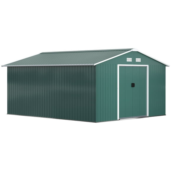 Outsunny 11' x 13' Garden Storage Shed with Double Sliding Door and 4 Ventilation Slots, Garden Tool House for Backyard, Patio, Lawn, Green
