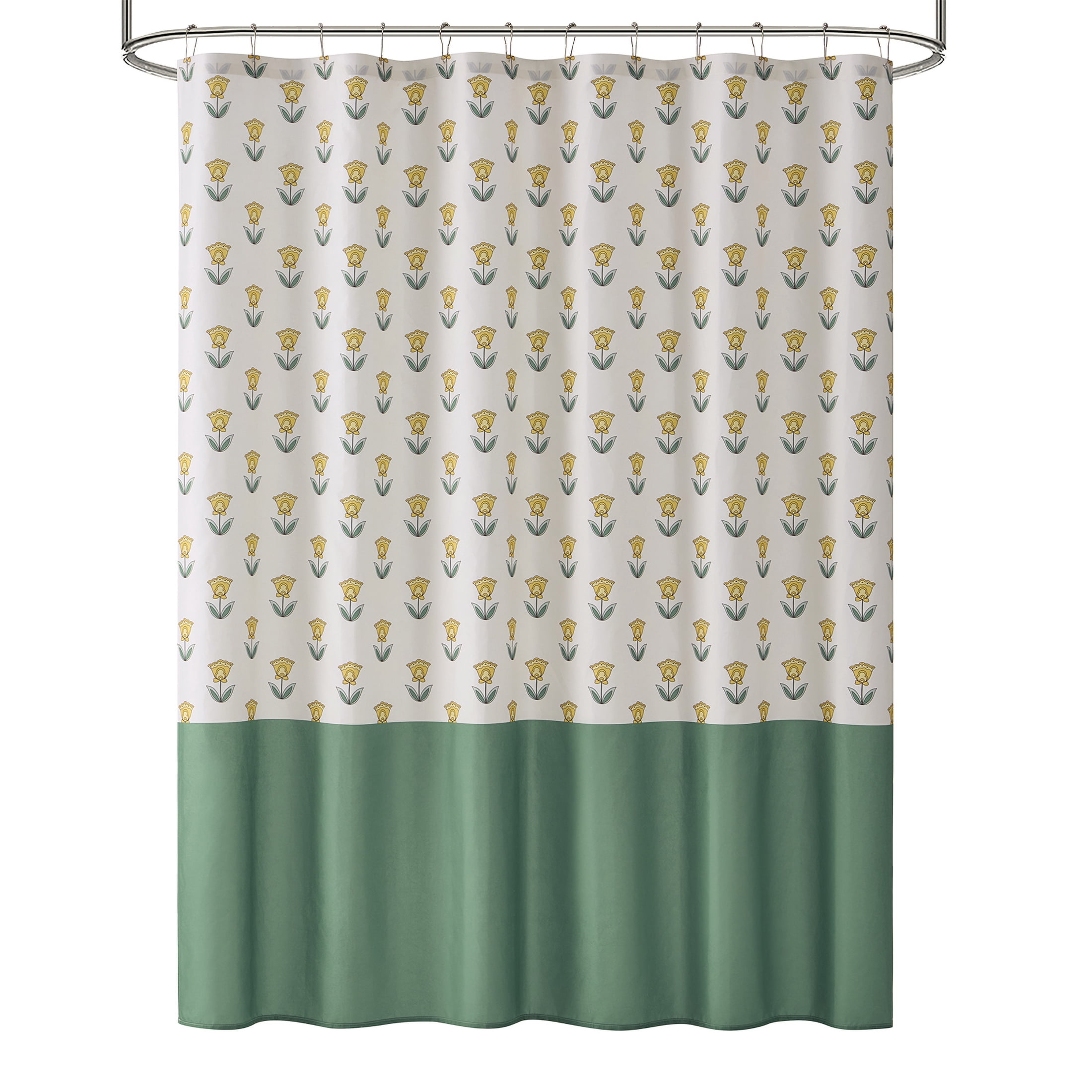 Mainstays 16-Piece Deco Green Floral Shower Curtain Bathroom Set – Green Fabric Curtain with Rug, Hooks, Soap Pump & Tray