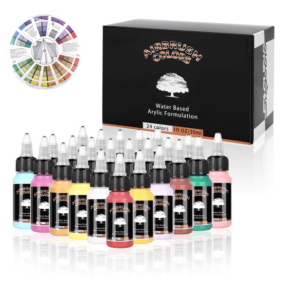 SAGUDIO Acrylic Airbrush Paint 24 Colors (30 ml/1fl oz) with Color Wheel Ready to Painting Set, Water Based Waterproof Quick Drying for Model, Shoes, Leather, Wall