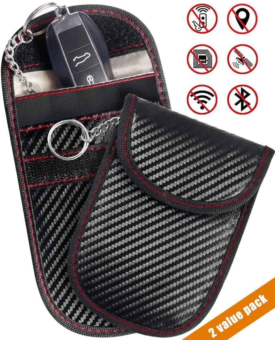 Anti-Hacking Case Blocker 2 Pack Car Key Signal Blocking Faraday Key Fob Bag Carbon Fiber Fabric Anti-Theft RFID Blocking Cage RFID Key Fob Protector Pouch Car Security Protection Pouch
