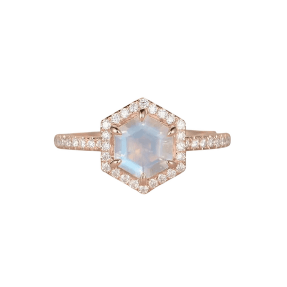 Hexagon-Cut Natural Rainbow Moonstone & Lab-Created Moissanite Halo Ring in 925 Sterling Silver – Unique Elegance, Ethically Sourced Gemstones, and Timeless Beauty for Her