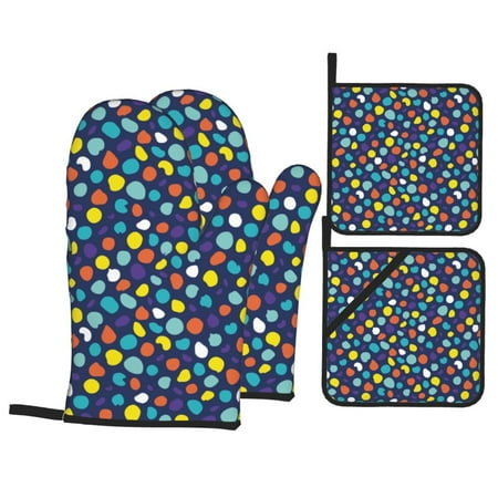 

Oven Mitts and Pot Holders Sets 4 pcs - multicolor dots pattern Heat Resistant Silicone Oven Gloves with Non-Slip Silicone Surface and hot pads for kitchen Baking Cooking BBQ