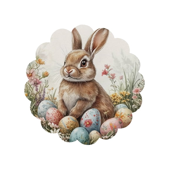 Luoshdecor Easter Placemats - Round Cute Bunny Print Linen Placemats with Wave Edge, Waterproof for Spring & Summer Table Decor