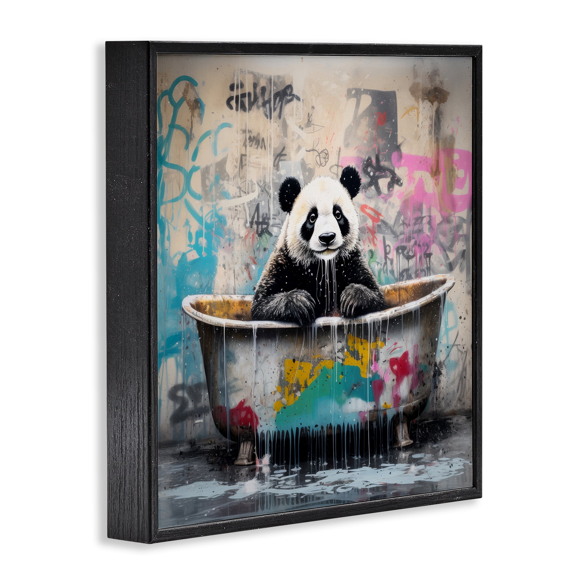 Stupell Industries Graffiti Bathing Panda Typography Painting Black Framed Art Print Wall Art, 17 x 17