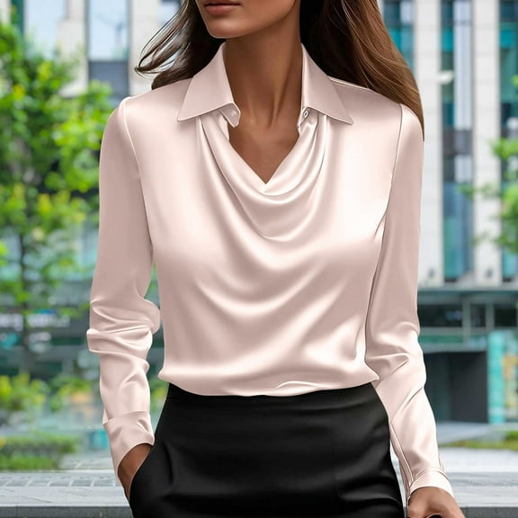 Blmnix Long Sleeve Workout Tops Women Plus Pink Satin Clothing Women Fall Shirts Cowl Neck Blouse