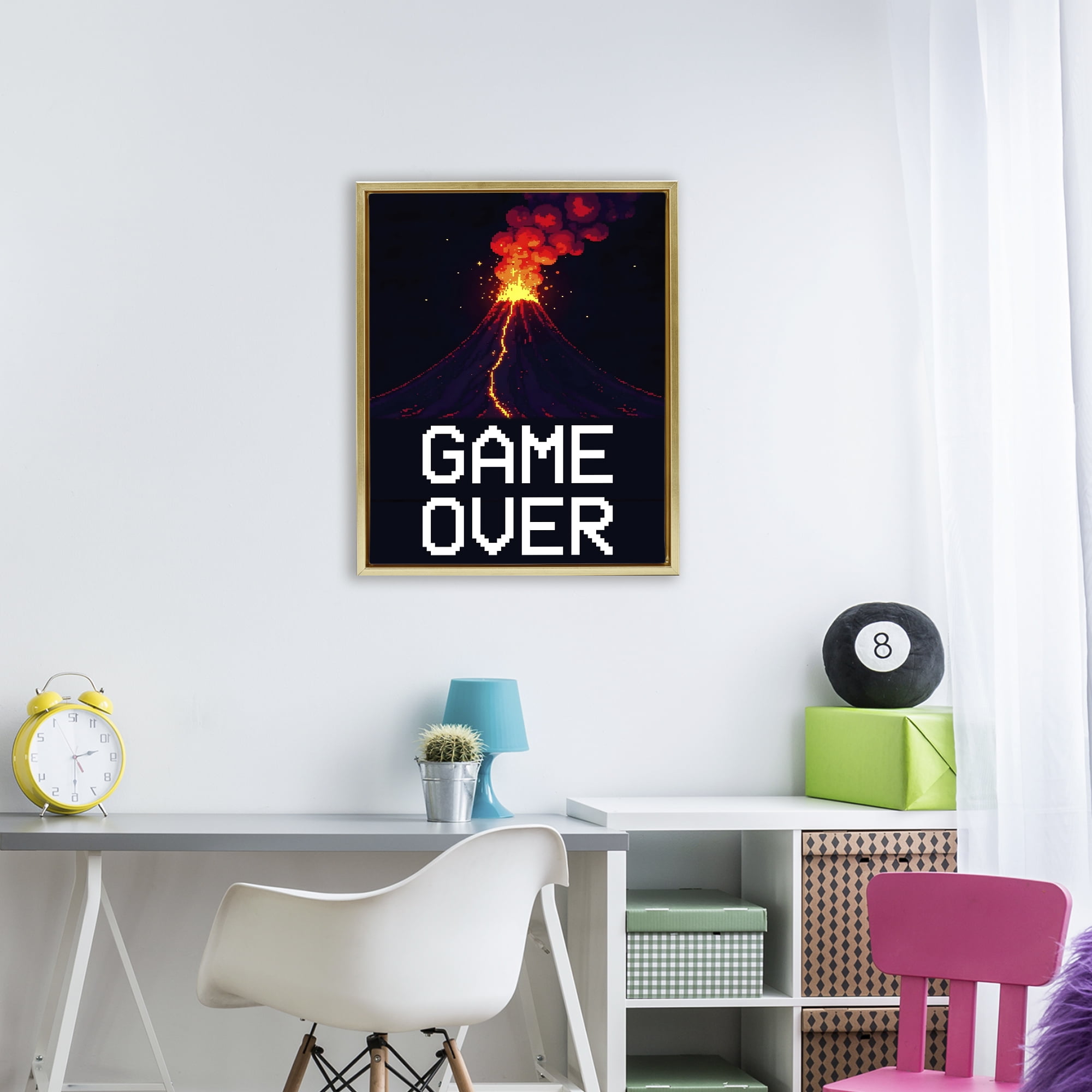 Pixel Volcano Game Over Gold Framed Floater Canvas Wall Art, design by Kim Allen
