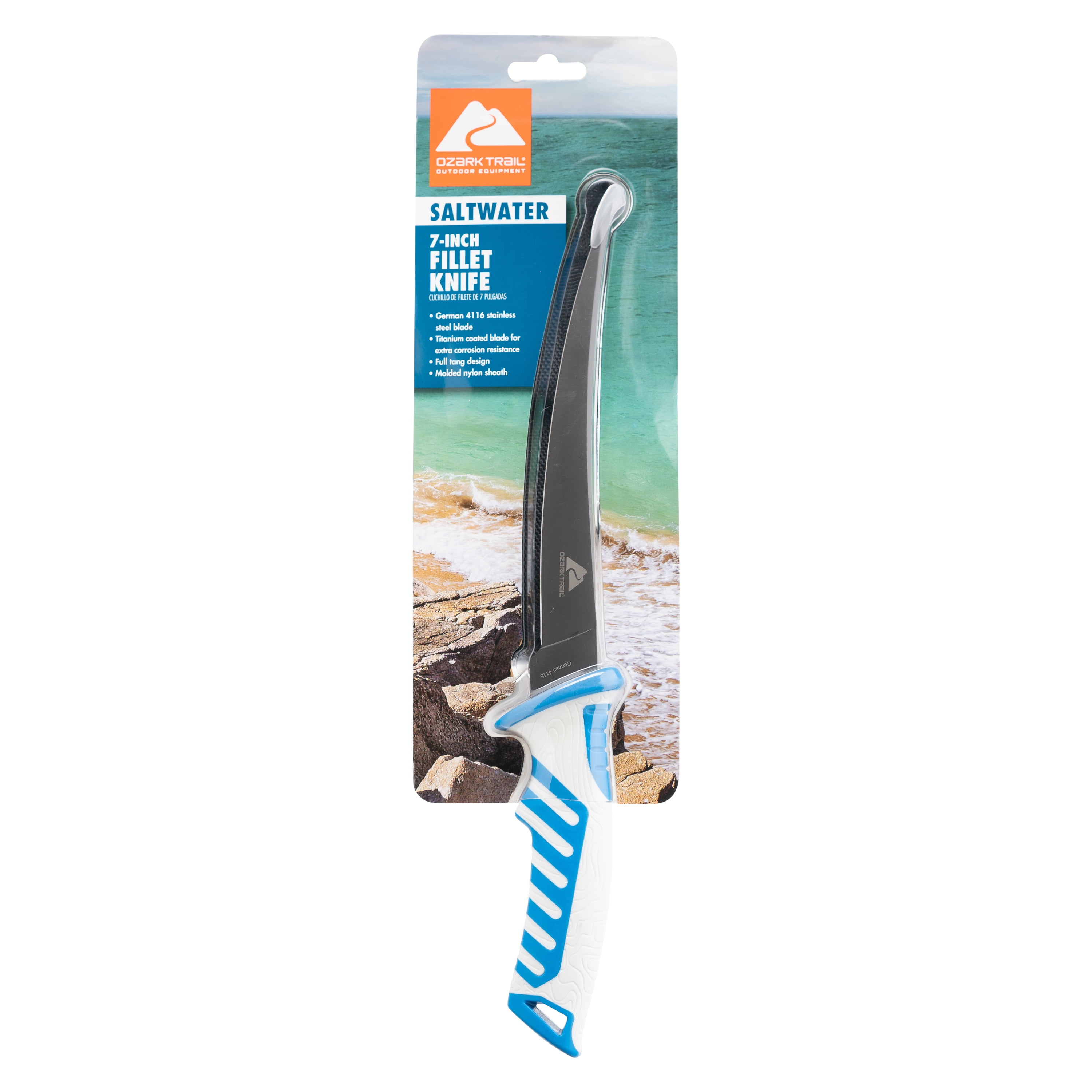 Ozark Trail Saltwater 7″ Fillet Knife, Straight Edge, Blue and White