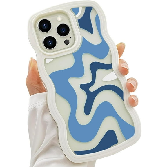 for iPhone 12 Pro Max Case for Women Girls, Cute Curly Wave Frame Shape Design, Art Wavy Painted for Women Girls, Soft Shock-Absorbing and Fall-Resistant for iPhone 12 Pro Max 6.7"-Blue