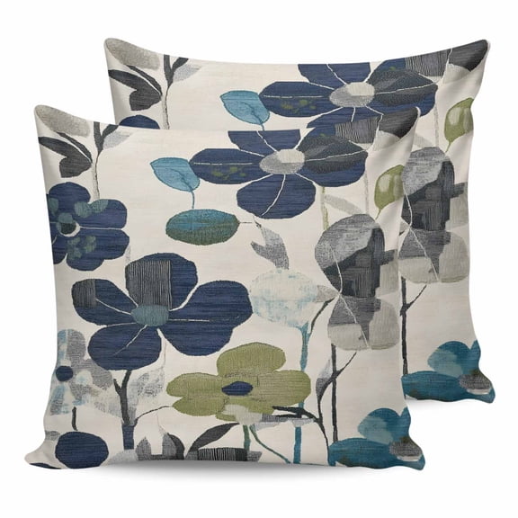 14x14 Pillow Covers Set of 2, Navy Blue Green Floral Throw Pillow Covers Decorative Couch Cushion Case, Vintage Botanical Leaves Microfiber Square Pillowcases for Bedroom Car Living Room