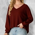 thumbnail image 2 of Olyvenn Womens V Neck Waffle Knit Sweater Loose Casual Blouse Plus Size Cropped Top Long Sleeve Pullover Crop Sweater Wine 10, 2 of 6