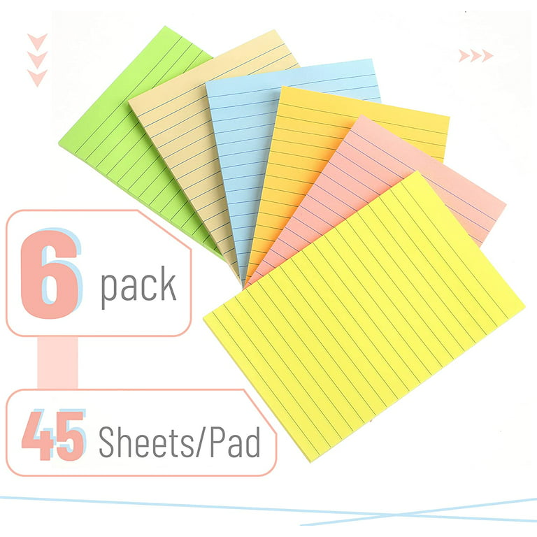Mr. Pen- Lined Sticky Notes 4x6, 6 Pads, 45 Sheets/Pad, Pastel