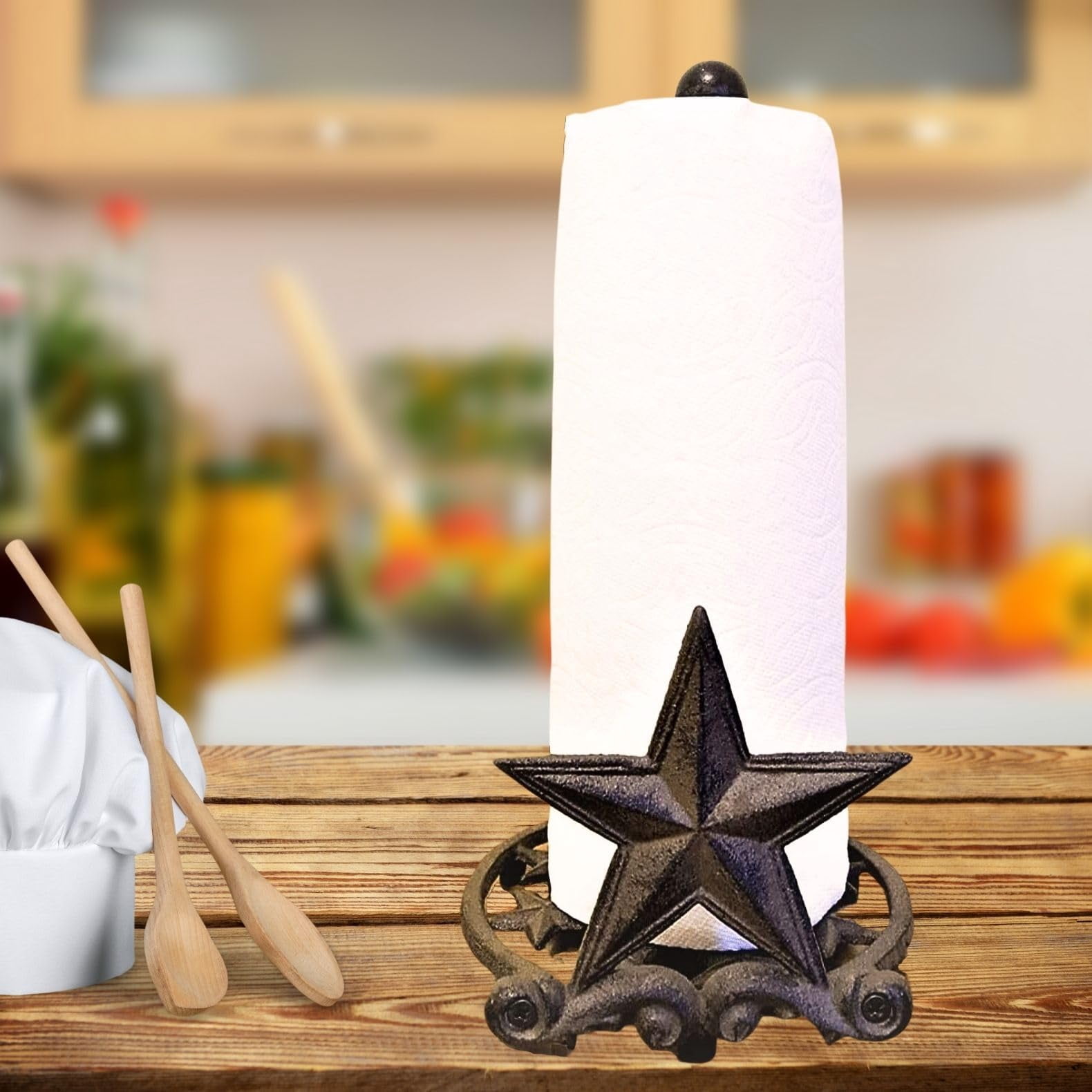 BestGiftEver Metal Star Country Rustic Paper Towel Holder - Freestanding Kitchen Countertop Decor for Farmhouse, and Western Styles - Made of Rustic Brown Cast Iron, for Countertop Cabin Theme