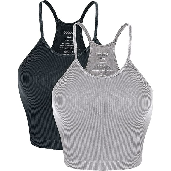 ODODOS Women's Crop 3-Pack Washed Seamless Rib-Knit Camisole Crop Tank Top