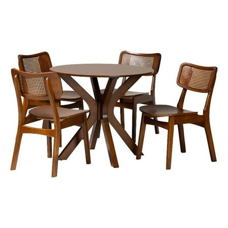 Pemberly Row Contemporary 5-Piece Wood & Rattan Dining Set in Brown
