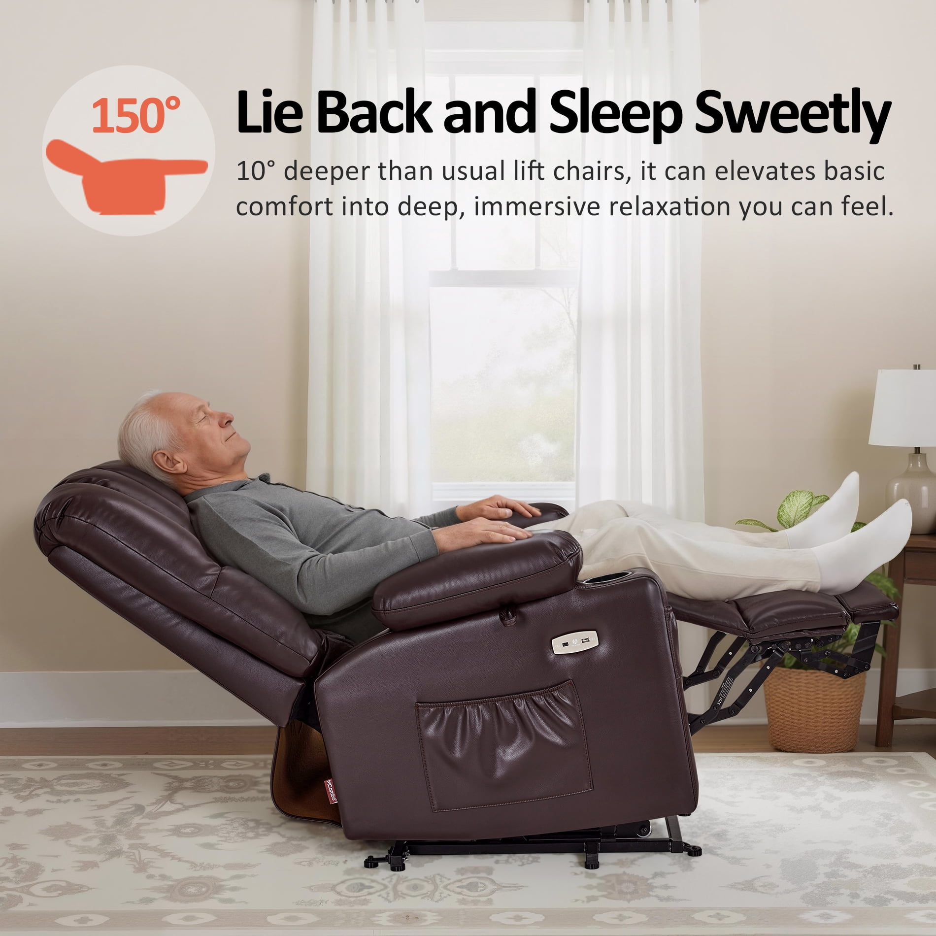 MCombo Power Lift Recliner Chair with Massage Heat, Extended Footrest, Faux Leather(Medium-Regular, Dark Brown)