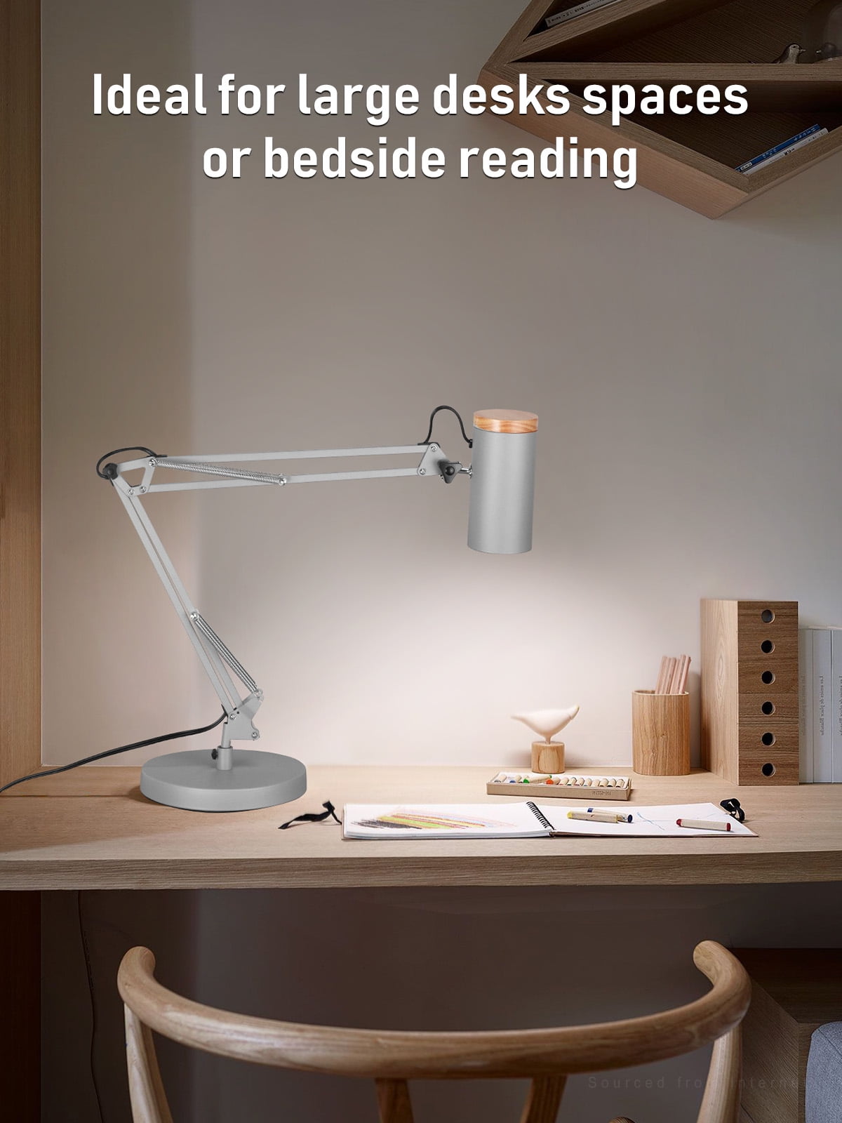 2 Pack Adjustable Metal Table Lamp, Large Size Max Height 29.7", E26 Base, Swing Arm Desk Light with Wooden Accent, Grey
