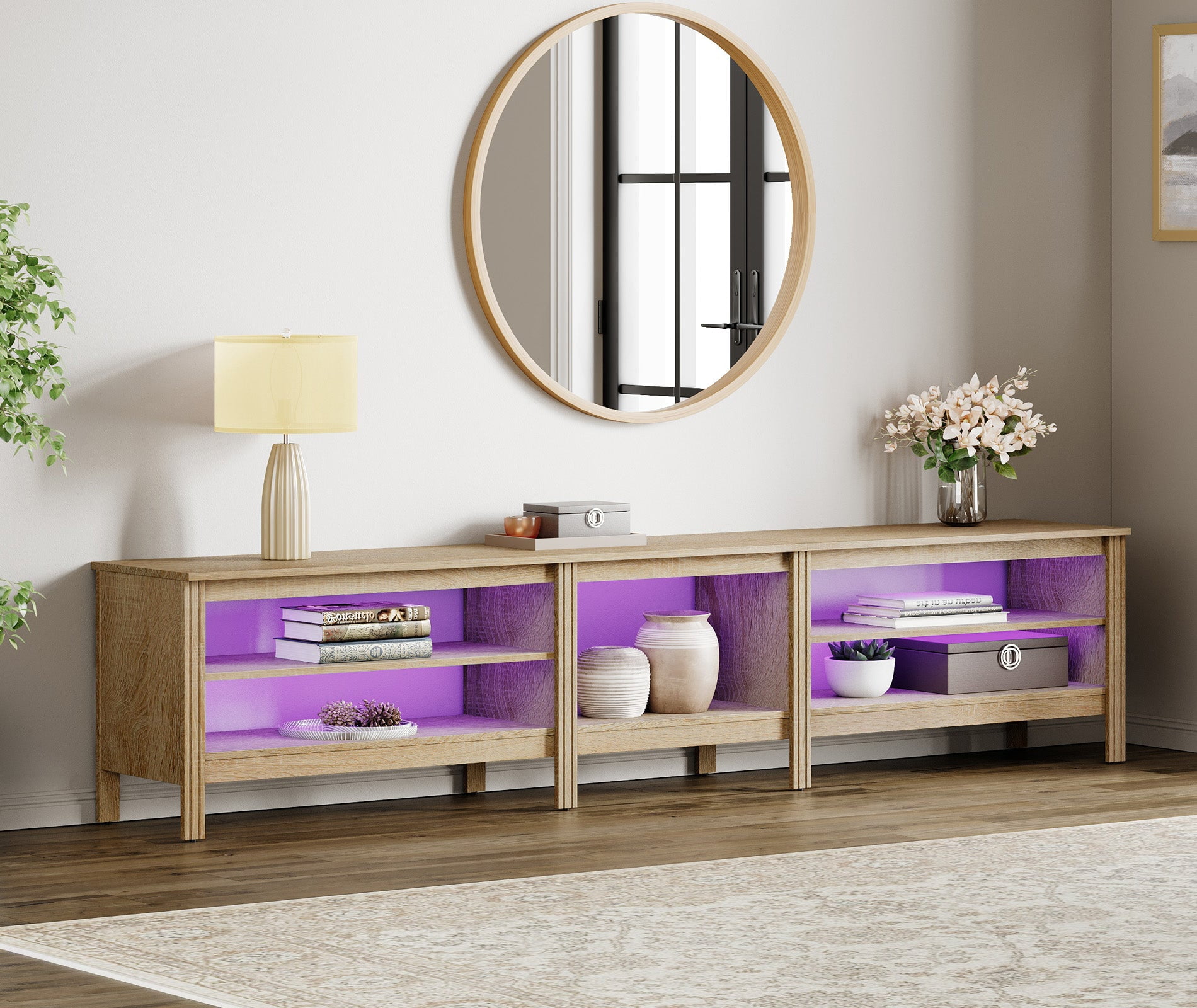 Fitueyes Oak TV Stand for 90 100 Inch TV Entertainment Center, Wood TV Table with Open Shelves & 16 Colors LED Light for Living Room, 94 inch