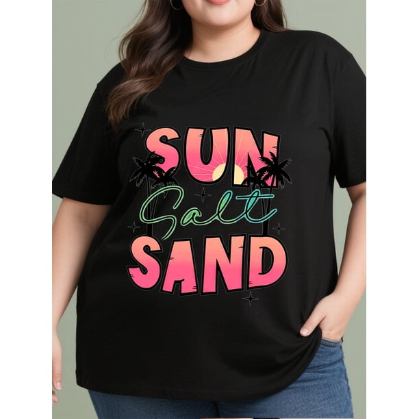 Sun Salt Sand Graphic T-Shirt - Tropical Beach Design with Palm Trees & Sunset, 100% Cotton Unisex Casual Tee for Men & Women, Soft Breathable Short Sleeve Shirt Comfortable Fit Shirt