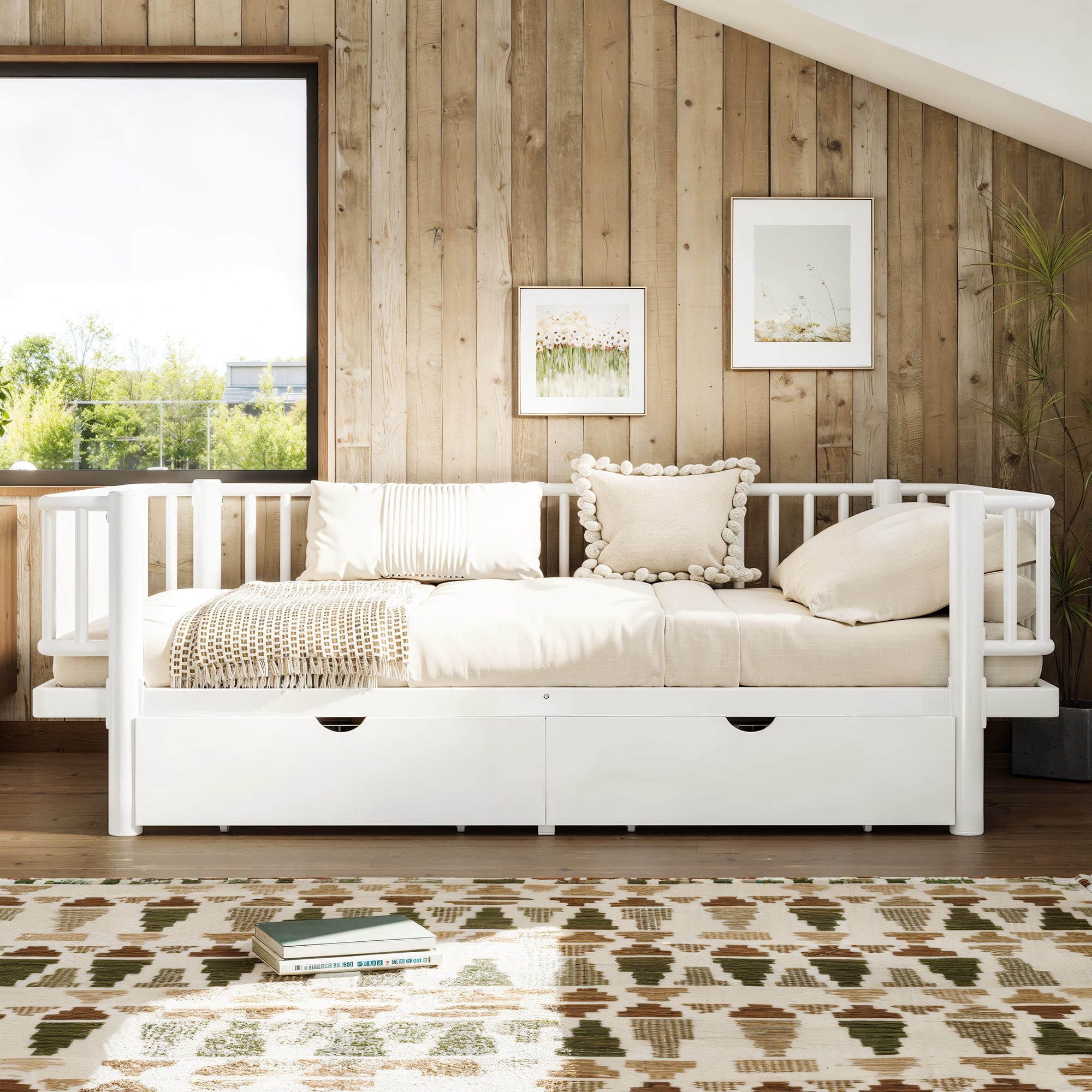Full Size Metal Platform Bed Frame with Under Bed Storage Drawers, White Round Pipe Reinforced Daybed, Low Profile Mattress Foundation No Box Spring Needed, Max 600 LBS for Bedroom Guest Room