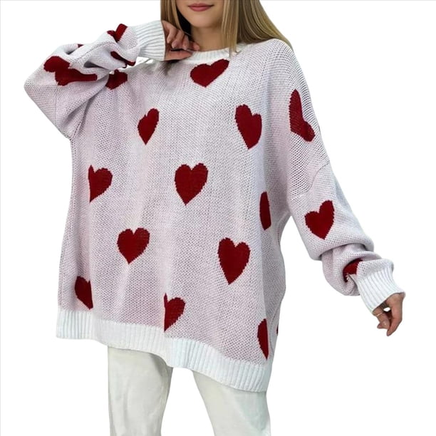 Suéter con Estampado de Corazón para Mujer, Sudadera de Punto de Larga con Gráfico de Amor, Camiseta Extragrande Rojo L