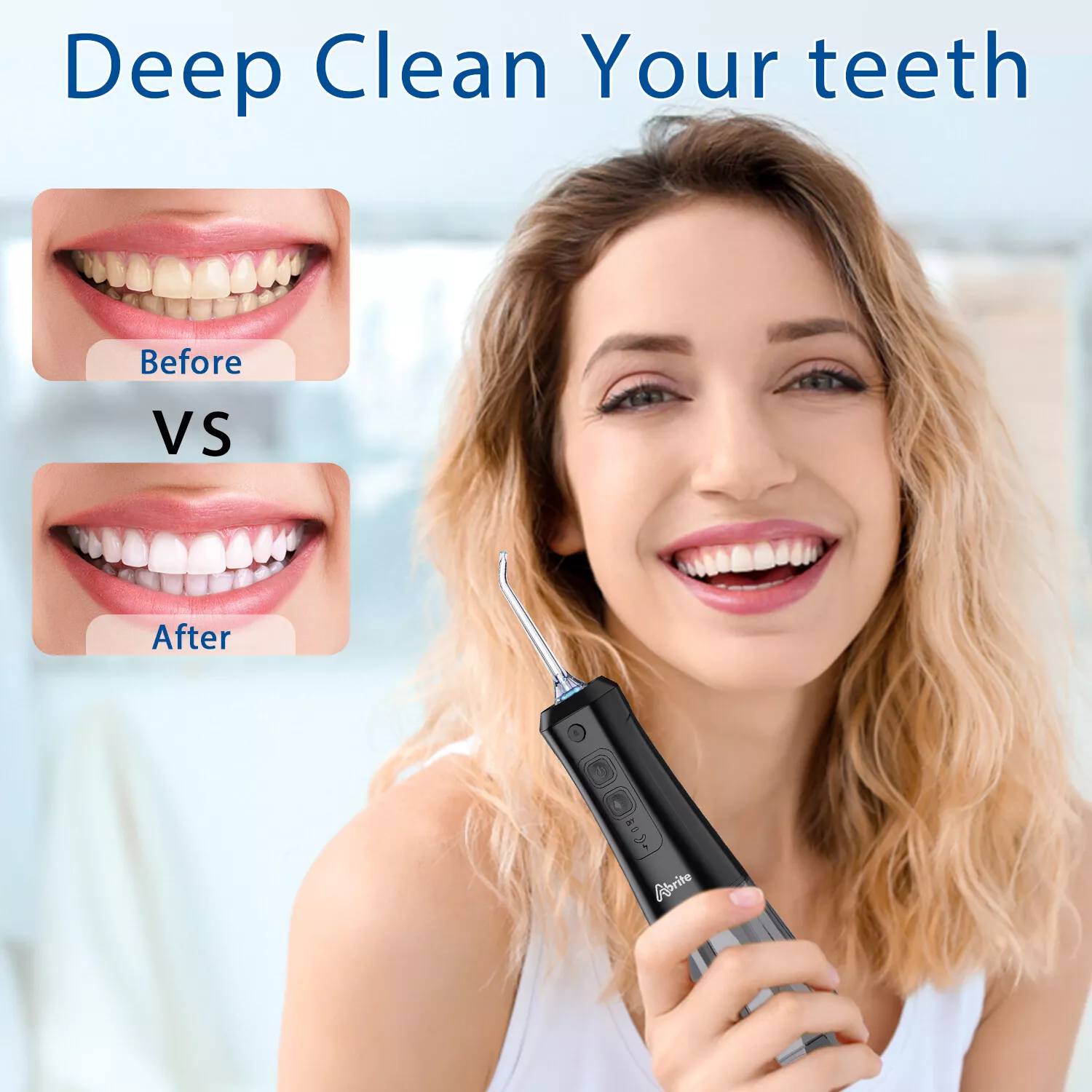 Abrite Cordless Water Flosser for Teeth Braces, Hygiene, DIY Speed 250ml Portable Oral Irrigator Dental Cleaner 7 Water Jet Tips, Black