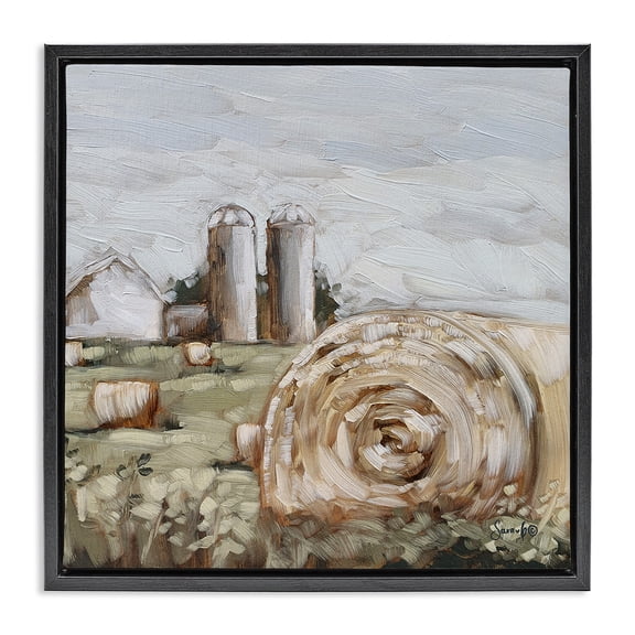 Stupell Industries Hay Bales Farmland Pasture Landscape Painting Black Floater Framed Canvas Art Print Wall Art, 18 x 18